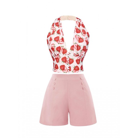 Pink  Button Solid Shorts