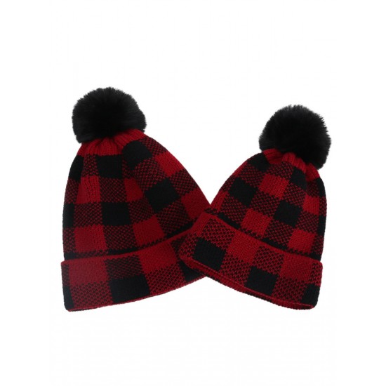 Red & Black Plaid Hairball Knitted Child Hat