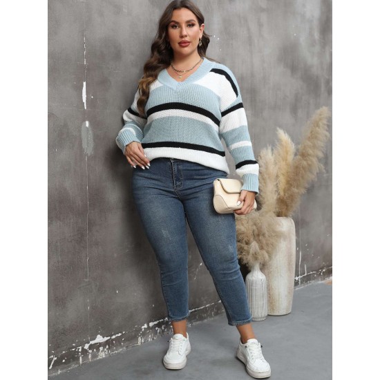 Plus Size  Yarn-Dyed Jacquard Striped Sweater