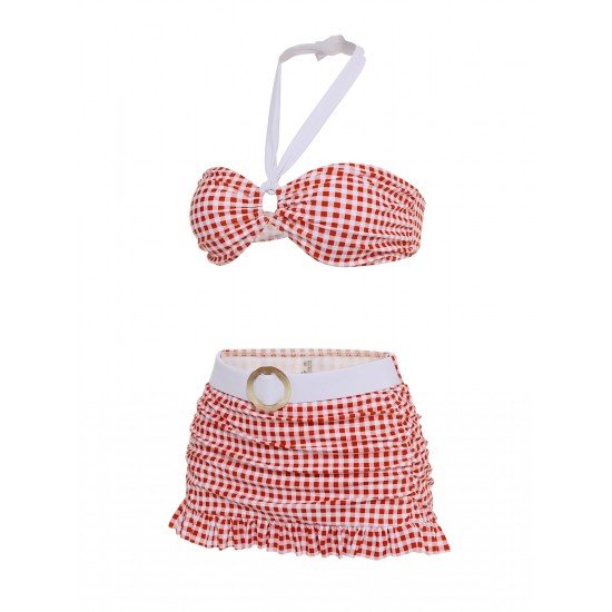  Red  Plaid Halter Bikini Set