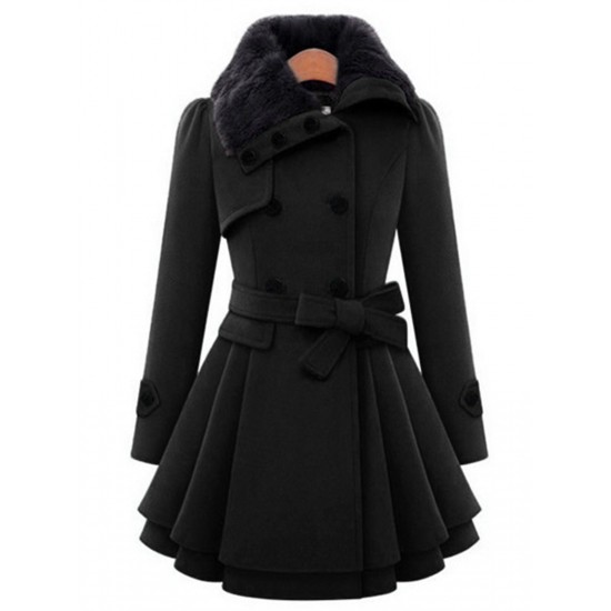 Christmas Fur Collar Waisted Woolen Coat