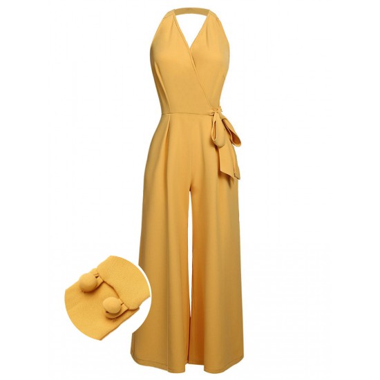 Yellow  Halter Lace-Up Jumpsuit