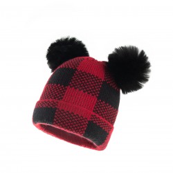 Red & Black Plaid Hairball Knitted Child Hat