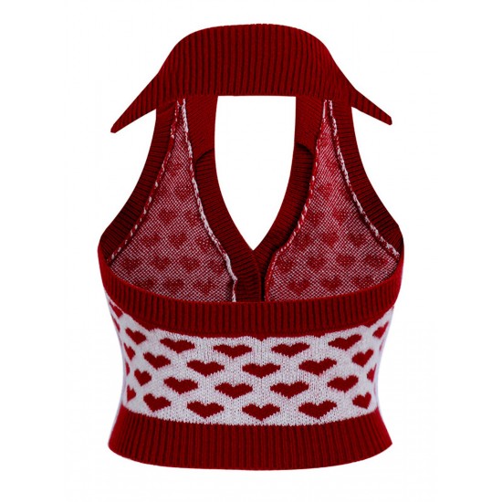 Red  Knitting Heart Halter Button Tops