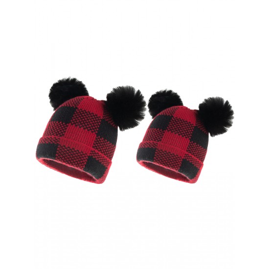 Red & Black Plaid Hairball Knitted Parent Hat