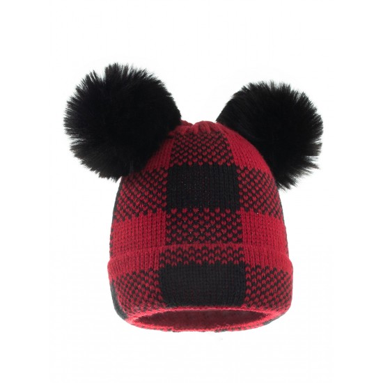 Red & Black Plaid Hairball Knitted Child Hat