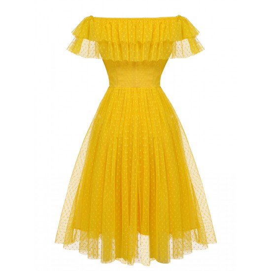 Yellow  Dots Off-Shoulder Mesh Swing Dress