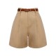 Khaki  Solid Cotton Blend Belted Shorts