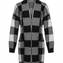 Black & Gray  Plaid Knitted Long Cardigan