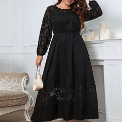 Plus Size Black  Long Sleeve Solid Lace Dress