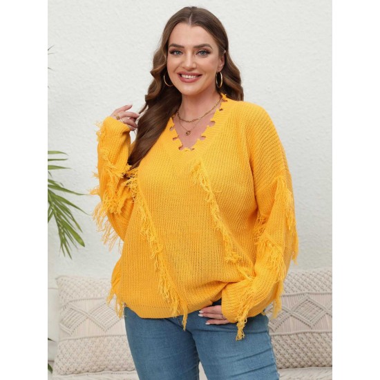 Plus Size Yellow  V-Neck Tassel Loose Sweater