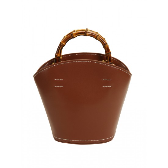 Vintage Caramel Leather Bamboo Handle Bucket Bag