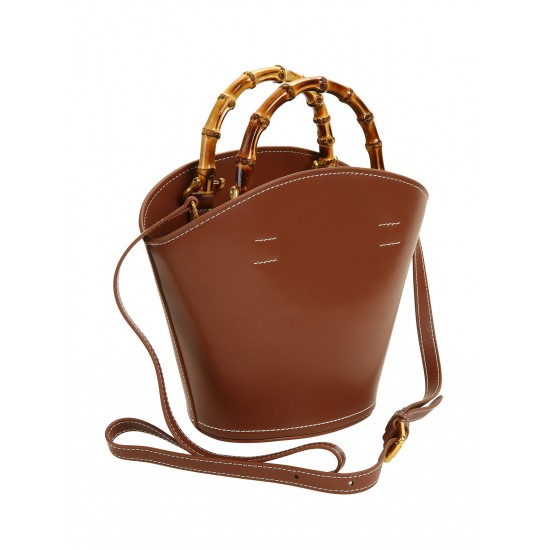 Vintage Caramel Leather Bamboo Handle Bucket Bag