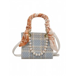 Blue Houndstooth Plaid Pearl Scarf Chain Handbags