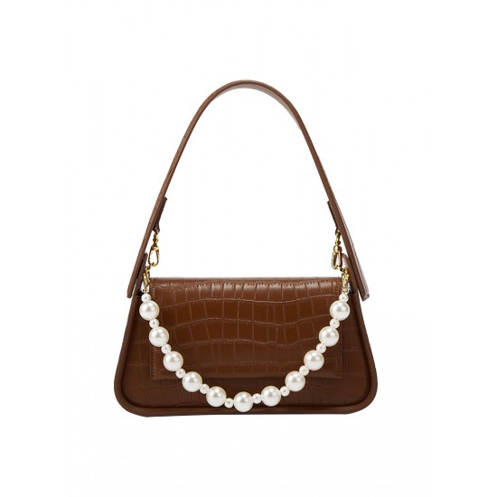 Pearl Chain Imitation Crocodile Leather Shoulder Bag