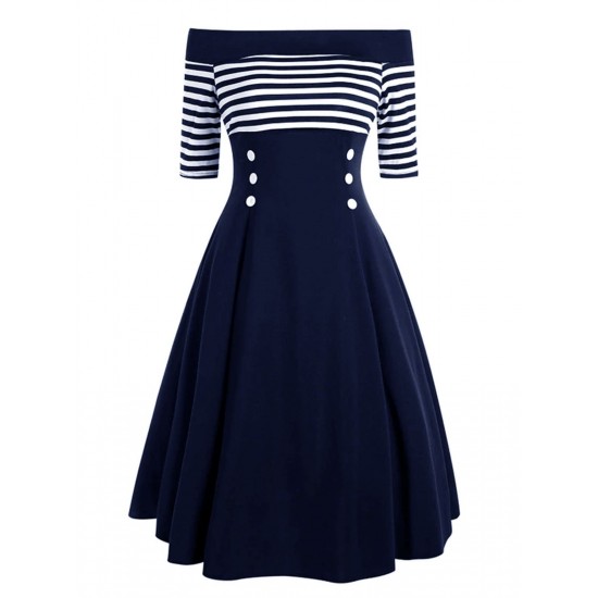 Navy  Off Shoulder Swing Dress