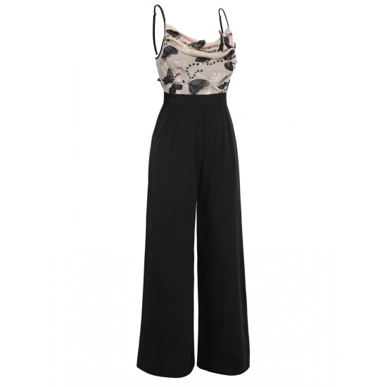 Black  Strap Butterfly Lace Patchwork Jumpsuit