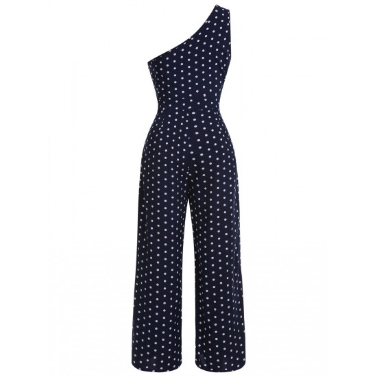 Navy Blue  One-shoulder Dot Jumpsuit