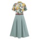 2PCS Light Blue  Floral Blouse & Solid Belted Skirt