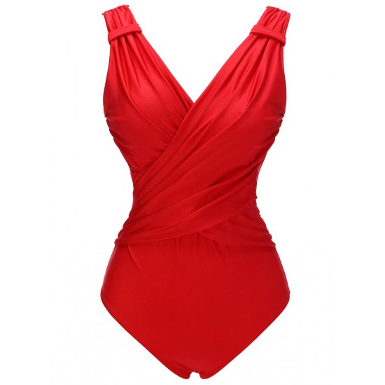 Red  V-Neck Solid One-piece Swimsuit