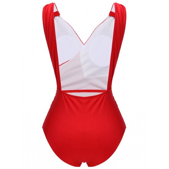 Red  V-Neck Solid One-piece Swimsuit