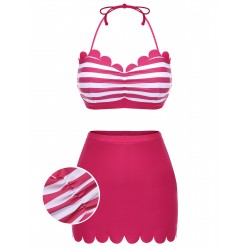 Rose Pink  Stripes Halter Bikini Set