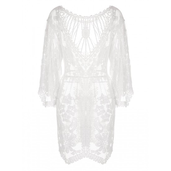 White V-Neck Embroidered Lace Cover-up