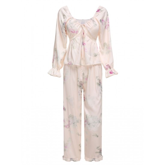 White  V-Neck Ruffles Floral Lace Sleepwear